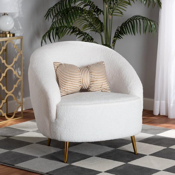 Baxton Studio Urian Modern & Contemporary White Boucle Upholstered and Gold Finished Metal Accent Chair 206-12577